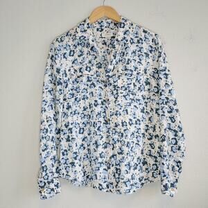 Charter Club Luxury Linen Floral Gold Button Contemporary Blouse Sz M